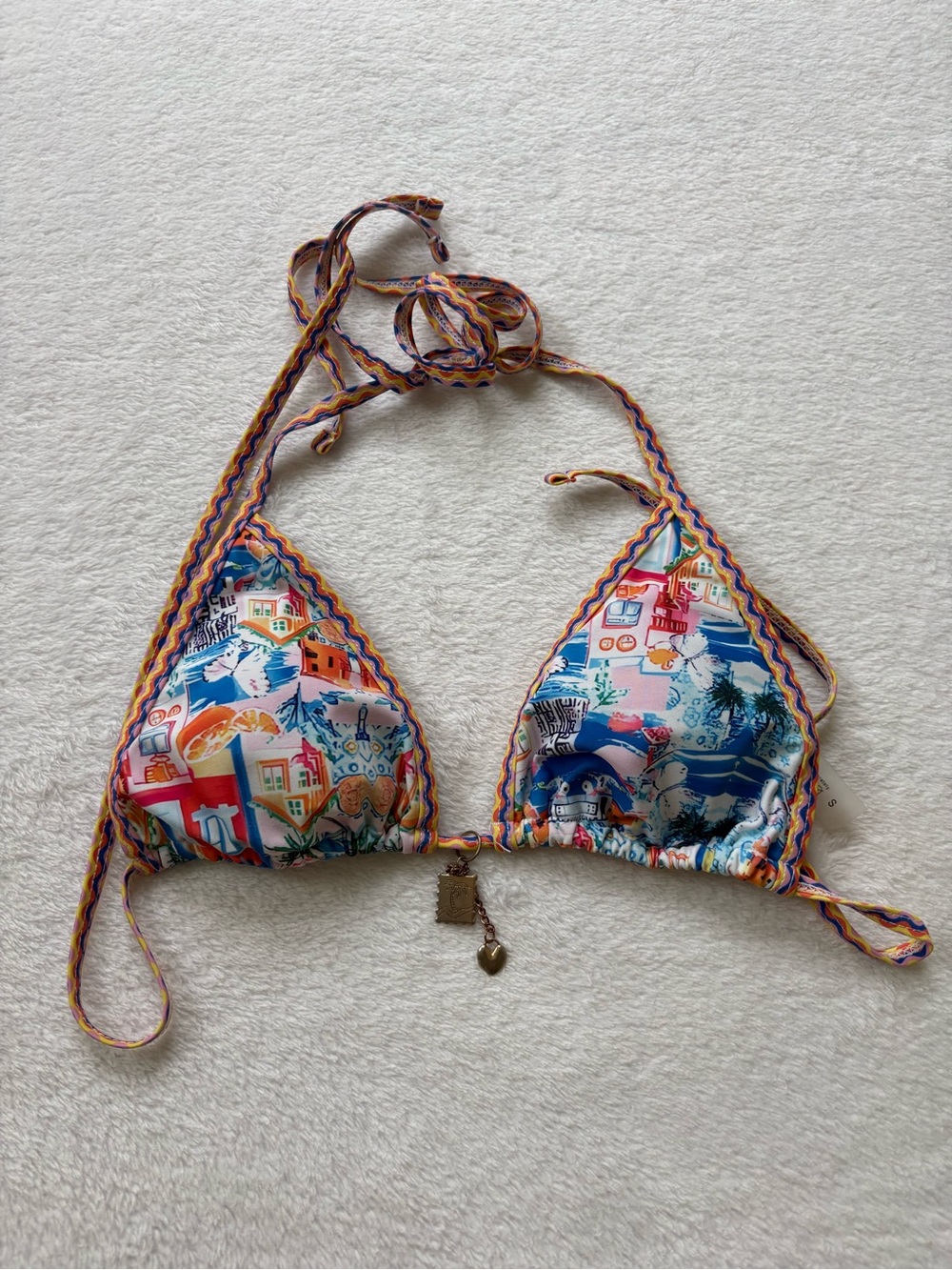 Colorful Printed Triangle Bikini Top with Braided Trim